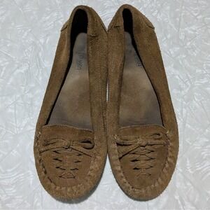 Minnetonka Brown Suede Moccasin Woven Bow Flats‎ Shoes Women's Size 8